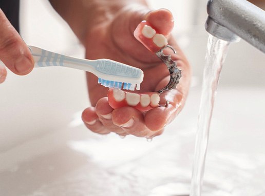 Closeup of hands brushing partial dentures at sink with running water
