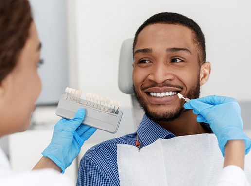 Man's smile compared with porcelain veneer color chart