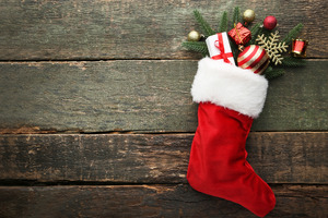 Full stocking lying on a wooden table